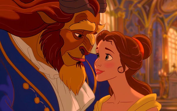 A high-definition wallpaper featuring Belle and the Beast from Disney's 1991 movie Beauty and the Beast, gazing at each other affectionately in a beautifully detailed, ornate background.