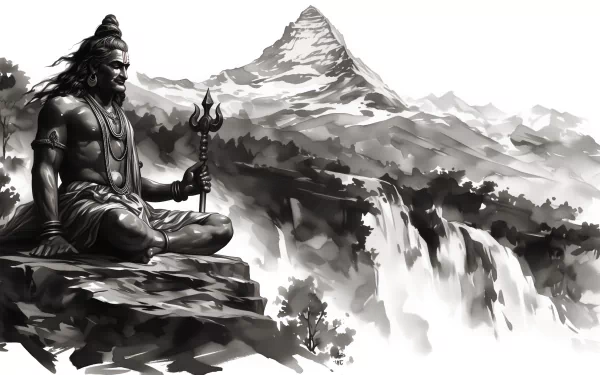 HD wallpaper featuring Lord Shiva, also known as Mahadev, meditating on a rocky ledge with a majestic mountain and waterfall in the background. The monochromatic tones provide a serene, spiritual ambiance.