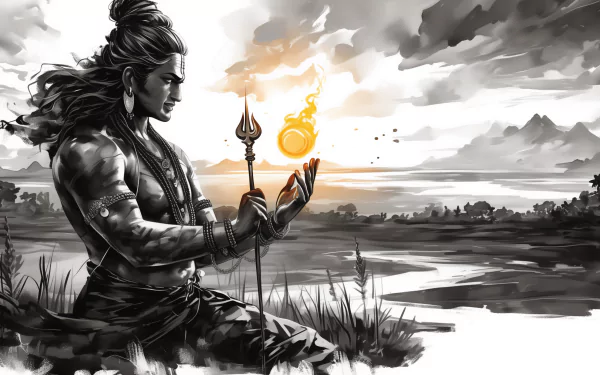 A high-definition desktop wallpaper featuring Shiva, also known as Mahadev, holding a divine object with fire, against a serene natural backdrop. The image emphasizes a spiritual and religious ambiance.