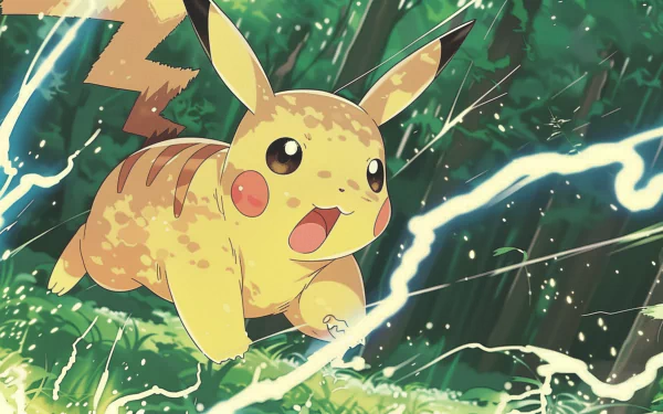 HD desktop wallpaper featuring Pikachu from Pokémon in an anime style. Pikachu is seen running through a forest with an electrifying expression. The forest background is lush and vibrant.