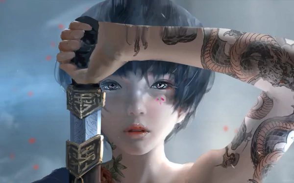 A high-definition desktop wallpaper featuring an ethereal character from the GhostBlade comic, showcasing a close-up of the character with intricate tattoos and holding a detailed sword.