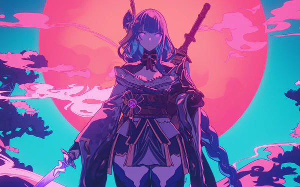 HD desktop wallpaper featuring Baal Raiden Shogun from Genshin Impact, standing with a sword against a colorful sunset background with a large red sun and cloud-like patterns.