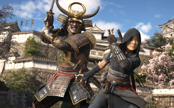HD desktop wallpaper for Assassin's Creed Shadows featuring a samurai and ninja in front of a traditional Japanese castle background.