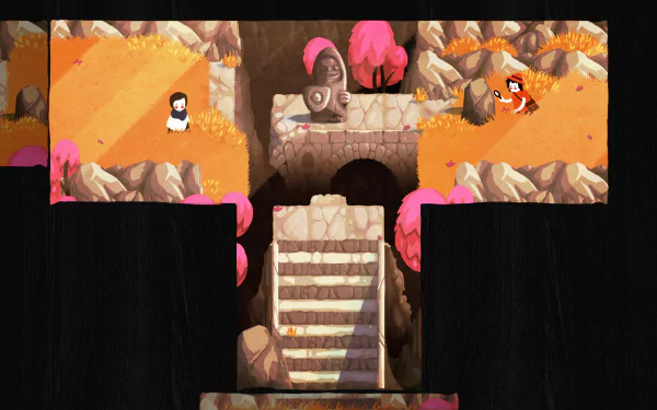 HD desktop wallpaper and background featuring the video game Paper Trail. The image displays a vibrant scene with a stone statue, characters, and colorful autumn landscape elements.