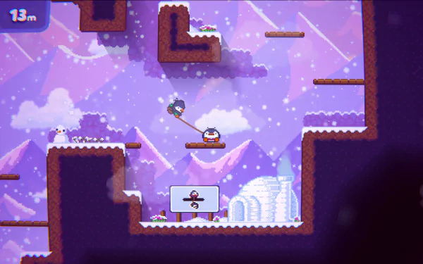 HD desktop wallpaper featuring a scene from the video game Bread & Fred, showing two characters navigating a snowy, mountainous area with platforms and an igloo in the background.