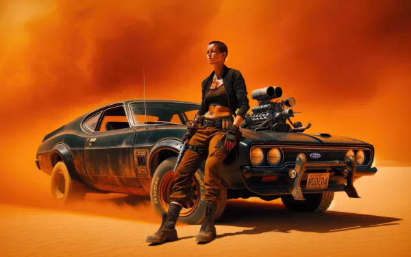 HD desktop wallpaper featuring a character from Furiosa: A Mad Max Saga standing confidently beside a heavily modified car against a dramatic, sandy desert backdrop.