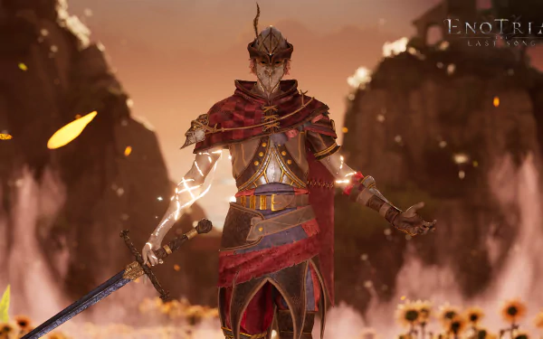 HD desktop wallpaper of Enotria: The Last Song video game, featuring a warrior in ornate armor with a sword, set against a dramatic landscape with glowing elements and a warm color palette.