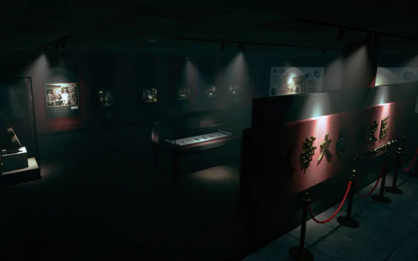 A dimly lit scene from the video game The Bridge Curse 2: The Extrication, showcasing a museum-like interior with display cases and red rope barriers, featured in a high-definition desktop wallpaper and background.