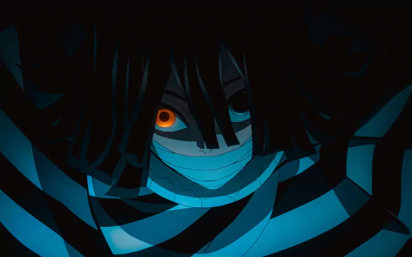 4K Ultra HD anime wallpaper featuring Obanai Iguro from Demon Slayer: Kimetsu no Yaiba with intense glowing eyes and dark, mysterious lighting.