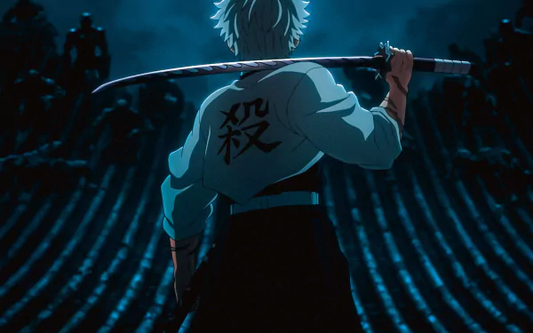 4K Ultra HD anime wallpaper featuring Sanemi Shinazugawa from Demon Slayer: Kimetsu no Yaiba, holding a katana with a dark, intense background.