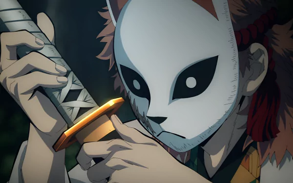 4K Ultra HD anime wallpaper featuring Sabito from Demon Slayer: Kimetsu no Yaiba, holding a sword while wearing a distinctive fox mask in a dark, atmospheric setting.