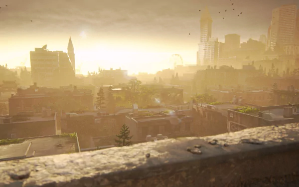 4K Ultra HD PC desktop wallpaper featuring a sunset cityscape from The Last of Us Part II, highlighting Abby Anderson's environment in warm, golden tones.