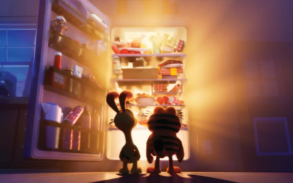 Garfield and Odie stand in front of an open, glowing refrigerator, bathed in its light. This HD wallpaper from The Garfield Movie shows the characters excitedly eyeing the fridge's contents.