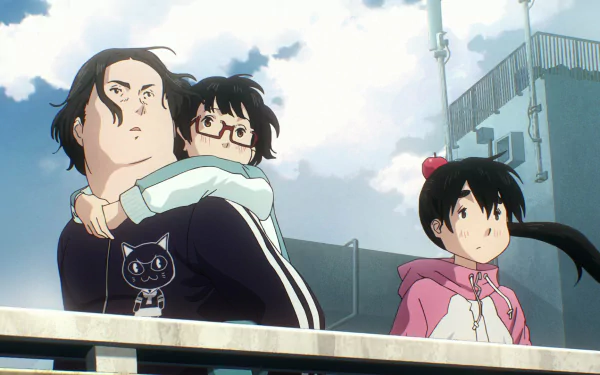 HD wallpaper from the anime Dead Dead Demon's Dededede Destruction, featuring three characters standing on a rooftop with a partly cloudy sky in the background.