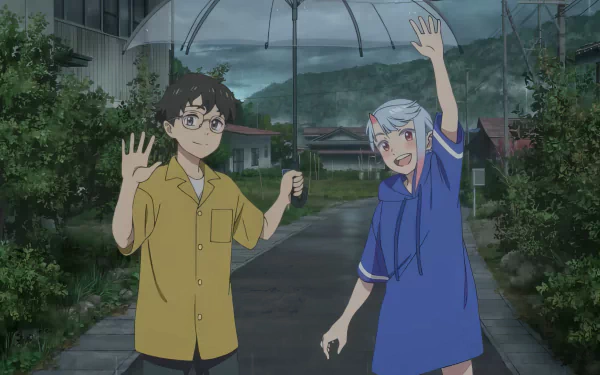Two characters from the anime My Oni Girl wave while holding an umbrella. The HD desktop wallpaper showcases them in a countryside setting with greenery and mountains in the background.