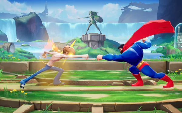 HD desktop wallpaper featuring an intense showdown between two characters from the video game MultiVersus, set against a vibrant, scenic background with waterfalls and a statue.
