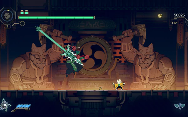 HD desktop wallpaper from the video game Nine Sols, featuring a dynamic battle scene in an intricately designed temple with large stone statues in the background.