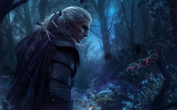 HD desktop wallpaper of Geralt of Rivia from The Witcher video game, portrayed by Henry Cavill, standing in a mystical, blue-lit forest with intricate armor.