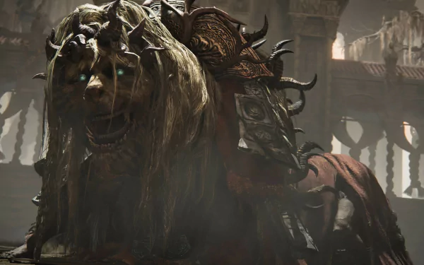 HD desktop wallpaper featuring a menacing creature with long fur and armor from the video game Elden Ring's Shadow of the Erdtree expansion. The background shows an ornate, ancient building.