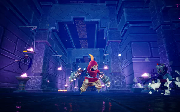 HD desktop wallpaper of Astor: Blade of the Monolith video game. Features a character in armor wielding dual weapons, set in a dimly lit, majestic, ancient temple with glowing lights.