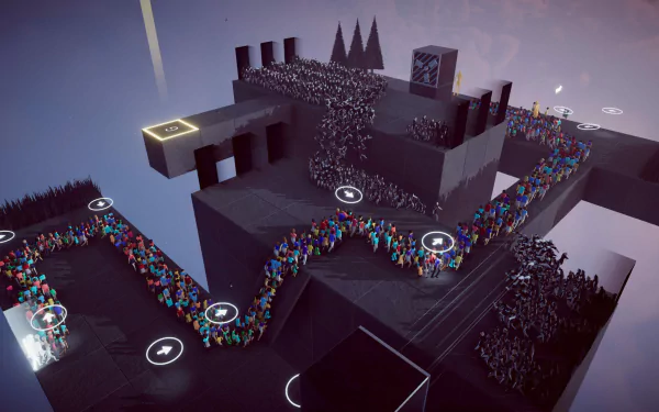 HD desktop wallpaper and background from the video game Humanity (2024), featuring a compelling scene with crowds navigating a complex, geometric environment.