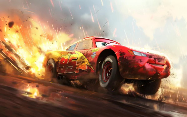 HD desktop wallpaper of Lightning McQueen from Pixar's Cars, showing him speeding through fiery scenes with determination and energy.