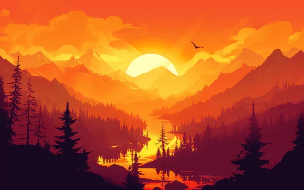 HD desktop wallpaper featuring a minimalist scene from the Firewatch videogame, depicting a serene forest with mountains in the background, a sunset, and vibrant orange hues.
