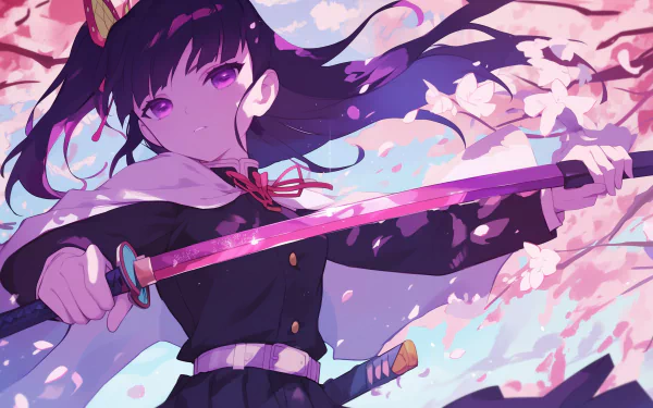 HD desktop wallpaper featuring Kanao Tsuyuri from the anime Demon Slayer: Kimetsu no Yaiba, holding a sword with cherry blossoms in the background.