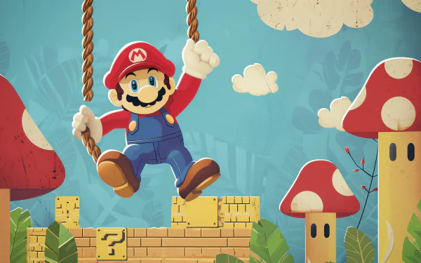 HD desktop wallpaper and background featuring Mario from Super Mario Bros., joyfully swinging on ropes above iconic brick blocks and large red and white mushrooms in a vibrant, whimsical game setting.