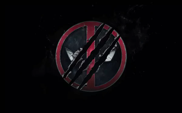 HD desktop wallpaper featuring the Deadpool logo with claw marks, alluding to Wolverine. The dark background enhances the striking red and black emblem.