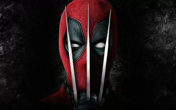 HD movie wallpaper featuring Deadpool with Wolverine claws in front of his mask. Dark and gritty background.