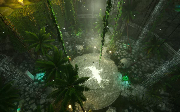 HD desktop wallpaper of Rise Online, depicting a mystical jungle scene with hanging vines, scattered skulls, and a glowing circular platform in the center.
