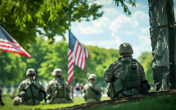 A soldier sits in front of fellow service members, surrounded by American flags, during a Memorial Day remembrance in the USA. This HD wallpaper captures a poignant holiday tribute.