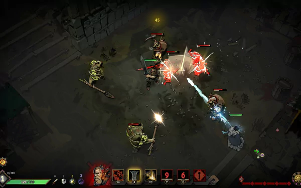 HD desktop wallpaper of a scene from the video game Ravenswatch, featuring characters engaged in battle in a dark, dungeon-like environment.