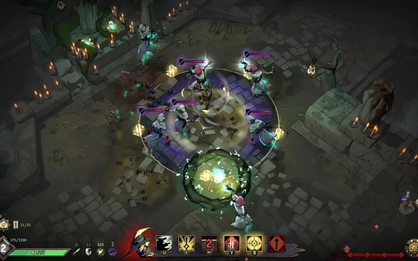 A high-definition desktop wallpaper and background featuring characters and elements from the video game Ravenswatch. The scene depicts an intense battle in a dark, mystical environment.