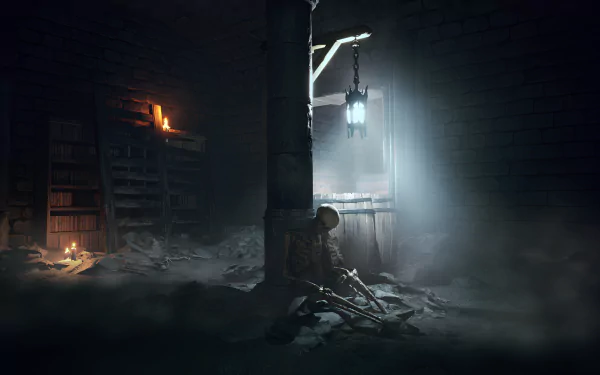 HD desktop wallpaper of Dungeon Stalkers video game, featuring a dimly lit dungeon scene with a skeleton slumped against a pillar, surrounded by mystic fog and shelves of ancient books.