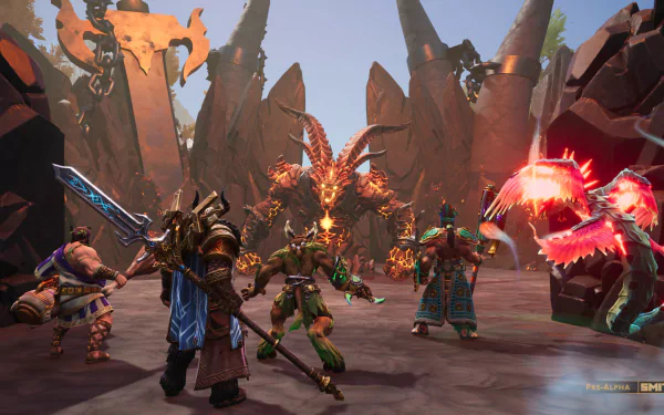 HD desktop wallpaper of Smite 2 video game showing characters in a dynamic battle scene with mythical creatures in a detailed fantasy environment.