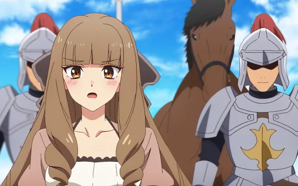 HD anime wallpaper from Chillin' in Another World with Level 2 Super Cheat Powers featuring a surprised girl flanked by two armored knights with a horse in the background.