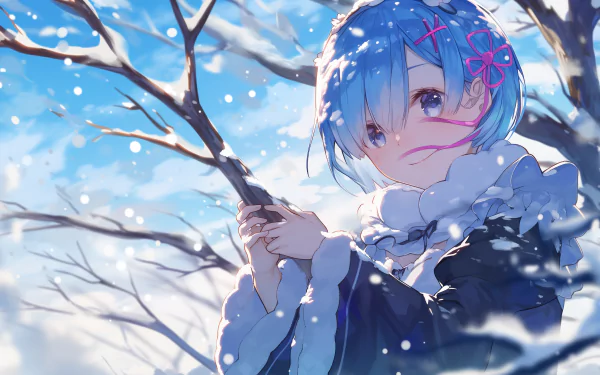 HD desktop wallpaper featuring Rem from Re:Zero - Starting Life in Another World, holding a branch in a snowy landscape with a serene expression. The vibrant blue hues create a calming winter scene.