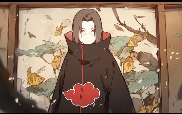Anime-themed HD desktop wallpaper featuring Itachi Uchiha from Naruto in an Akatsuki cloak, with a background of golden koi fish and lush leaves.