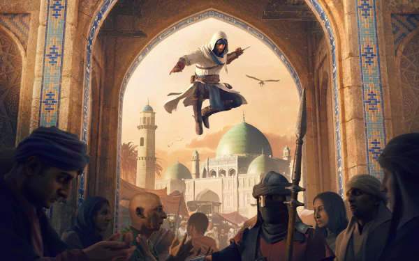 A stunning HD desktop wallpaper from Assassin's Creed Mirage, featuring an assassin leaping through an archway amid historical architecture and townspeople, capturing the essence of the video game's immersive experience.