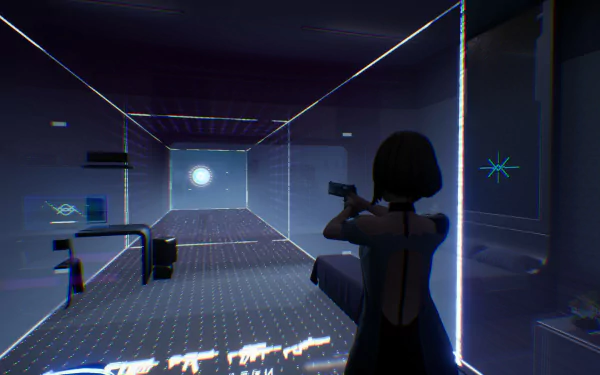 A HD desktop wallpaper featuring a scene from the video game Snowbreak: Containment Zone, showing a character aiming a gun in a futuristic, neon-lit corridor.