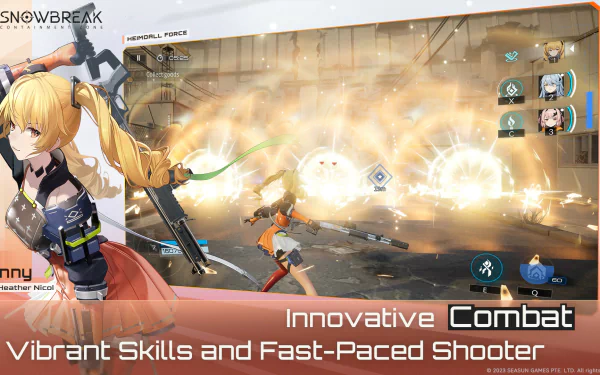 HD desktop wallpaper featuring an action scene from the video game Snowbreak: Containment Zone. The text highlights innovative combat, vibrant skills, and fast-paced shooter gameplay.