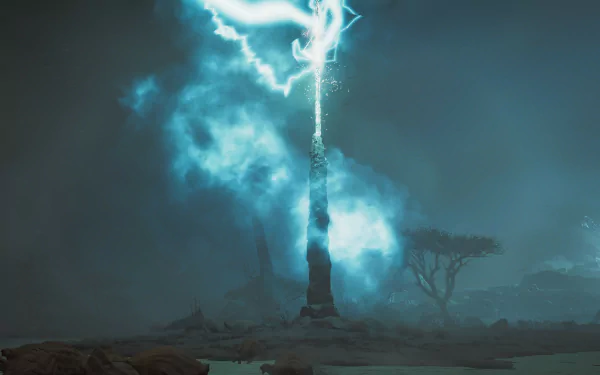 HD desktop wallpaper from the video game Monster Hunter Wilds, featuring a mystical scene with a towering rock formation emitting a vibrant, blue lightning bolt surrounded by a foggy landscape.