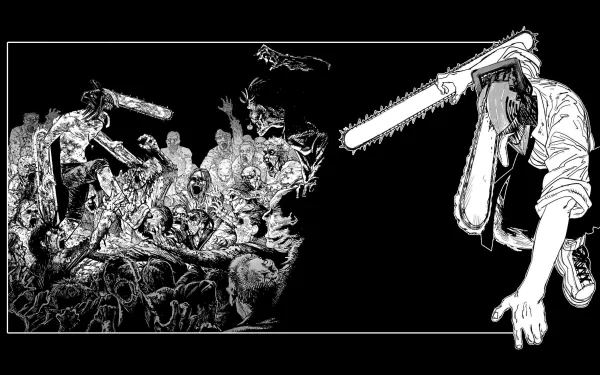 Black and white HD desktop wallpaper featuring Chainsaw Man wielding a chainsaw, surrounded by menacing demons in a dynamic, intense scene.