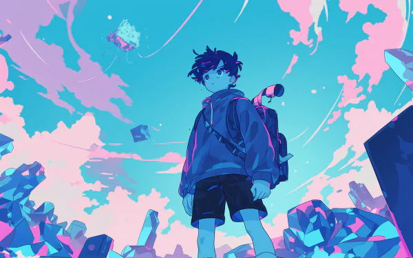 HD desktop wallpaper of OMORI's Sunny character, standing with a backpack, set against a vibrant and surreal sky with floating cubes and abstract elements.