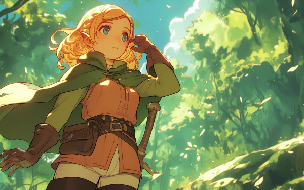 HD wallpaper of Marcille Donato from the anime Delicious in Dungeon, set in a lush, sunlit forest background.