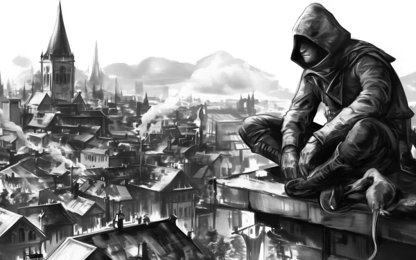 Artistic black and white HD wallpaper depicting a hooded thief sitting on a ledge overlooking a detailed, sprawling cityscape.