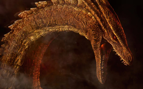 HD wallpaper featuring a fierce dragon from the TV show House of the Dragon, set against a smoky background.