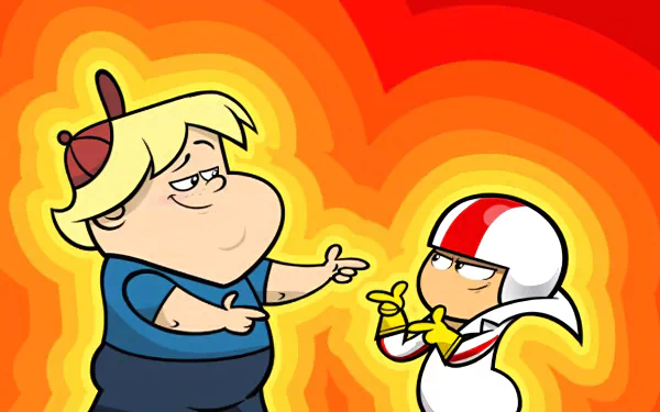 HD desktop wallpaper and background featuring characters from the TV show Kick Buttowski, with a colorful orange and red backdrop.